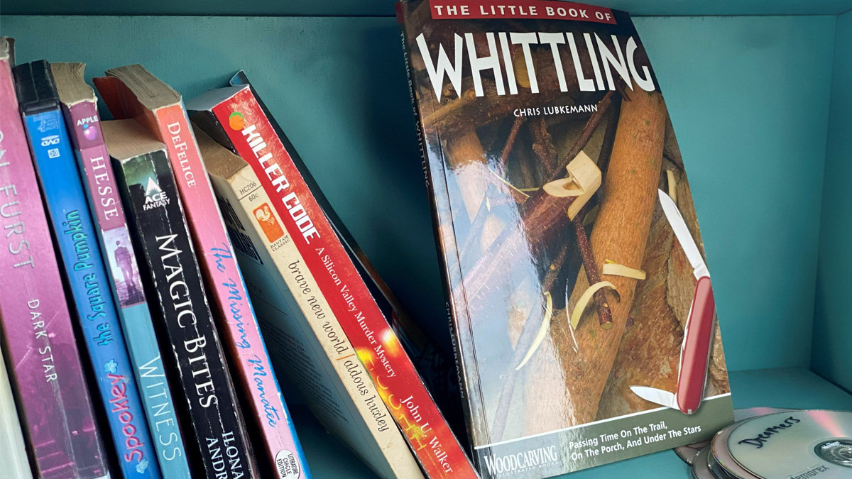 A copy of "The Little Book of Whittling" by Chris Lubkemann leans against a row of assorted paperback books on a teal shelf inside a Little Free Library. The book's cover features an image of a pocket knife, a carved whistle, and a few curly wood shavings. To the sides, the spines of several other novels and a stack of CDs are visible.