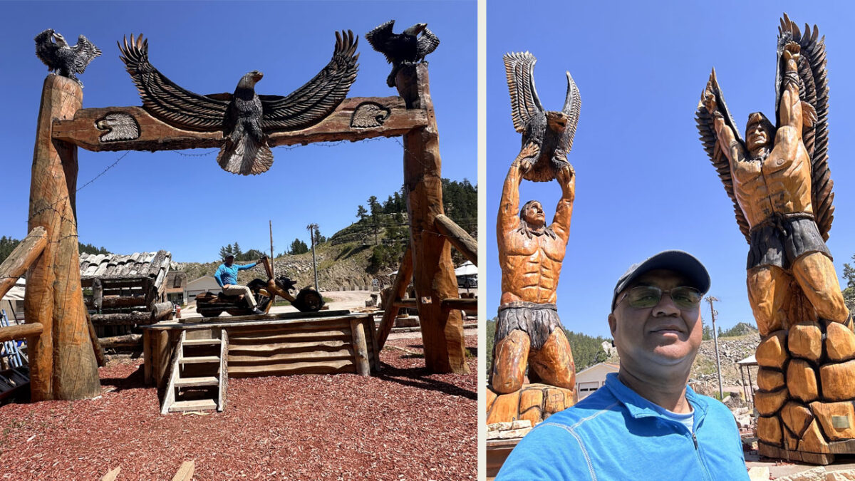 Giant carvings of Indians and eagles.