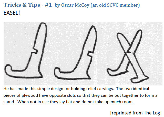 Oscar McCoy's DIY easel instructions from the Santa Clara Valley Carvers newsletter. Black-and-white line drawings demonstrate how interlocking plywood pieces assemble into a stand for relief carvings.