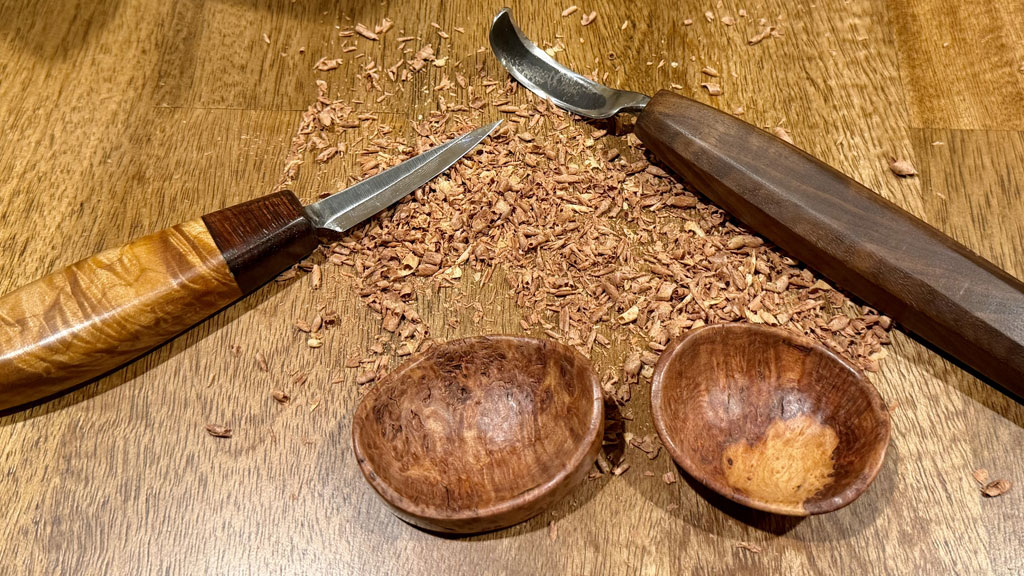 Small bowls carved from Redwood burl and finished with spray lacquer and beeswax.