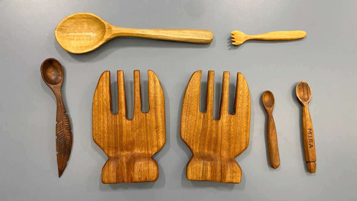 Carved wooden spoons and forks. The photo was taken for the SCVC woodcarving newsletter.