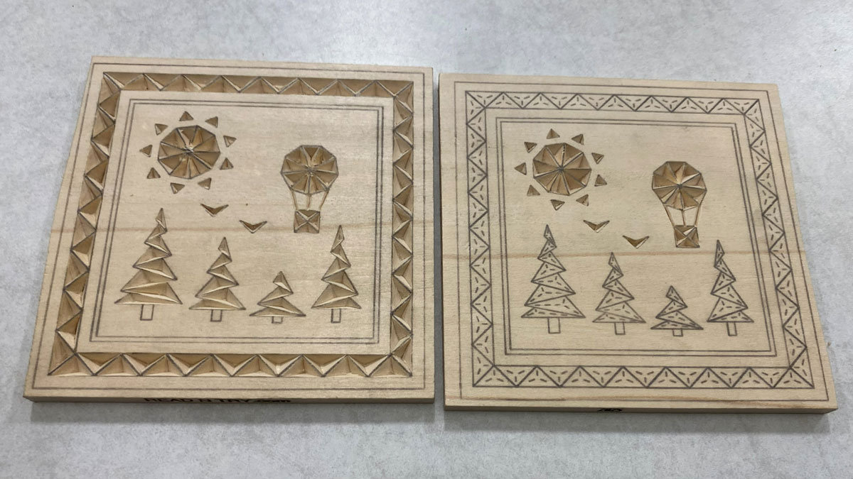 Two chip carved coasters with the Forest design, WIP. The chip carving pattern is available at READ N TRY (https://readNtry.com).