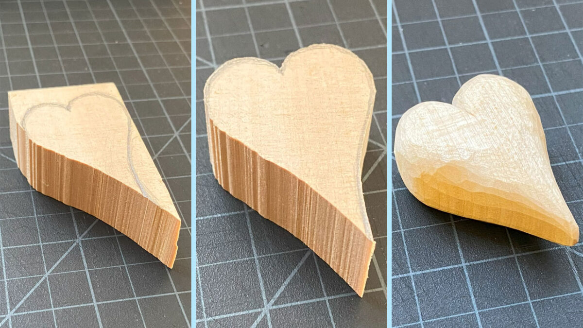 A progression of carving a heart ornament.
