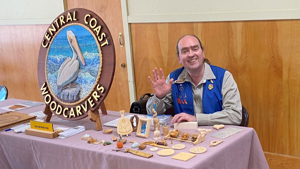 Roman demonstrated woodcarving at the Central Coast Woodcarvers show in September 2025.
