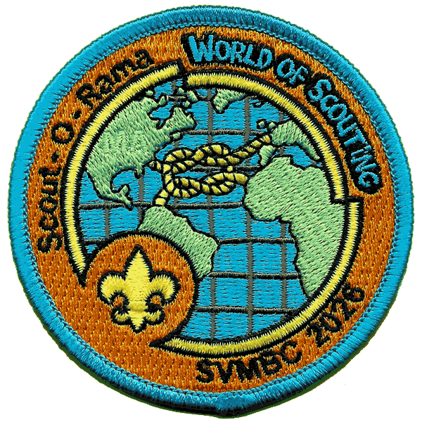 A circular embroidered patch commemorating the "Scout-O-Rama" event. The patch features a bright blue-orange border with black lettering reading "Scout-O-Rama" on the left and "World of Scouting" on the right. The center displays a blue-and-green globe showing the Americas and parts of Africa/Europe, overlaid with a thick yellow rope tied in a knot. At the bottom, the text "SVMBC 2026" is stitched in black. In the lower-left corner, a smaller orange circle contains a yellow fleur-de-lis symbol. This patch was distributed at the Scout-O-Rama gathering at History Park in San Jose, CA in 2026.