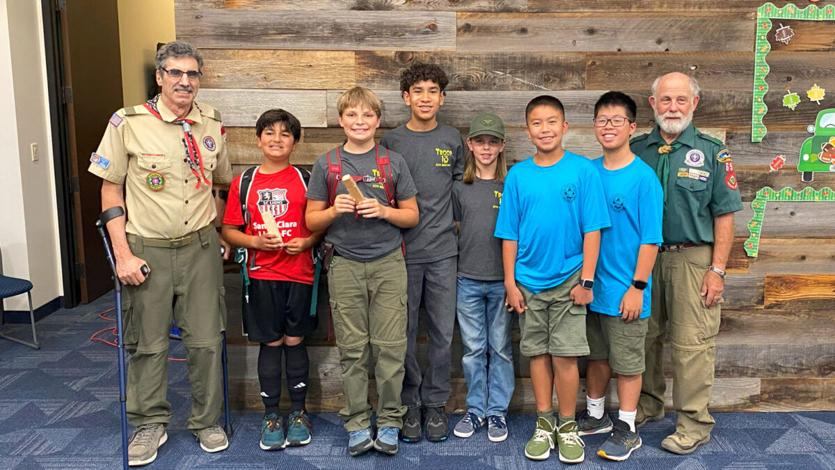 A group photo of scouts and mentors during SCVC woodcarving workshop.