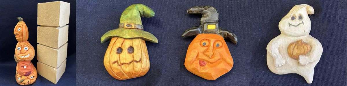 A few Halloween-themed woodcarving projects: carved pumpkins in hats and a ghost holding a pumpkin.