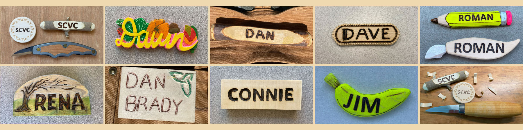 A dozen handmade name badges. Most are carved from basswood by SCVC members.