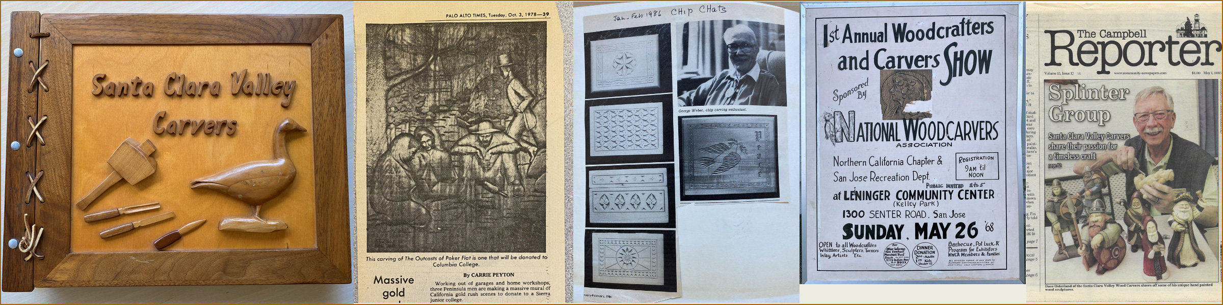 A collage of news and publications about Santa Clara Valley Carvers.