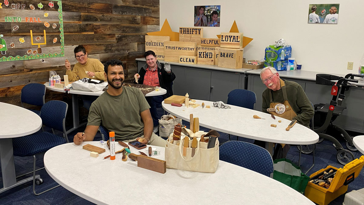 A few woodcarvers at the weekly carving meetup in San Jose.