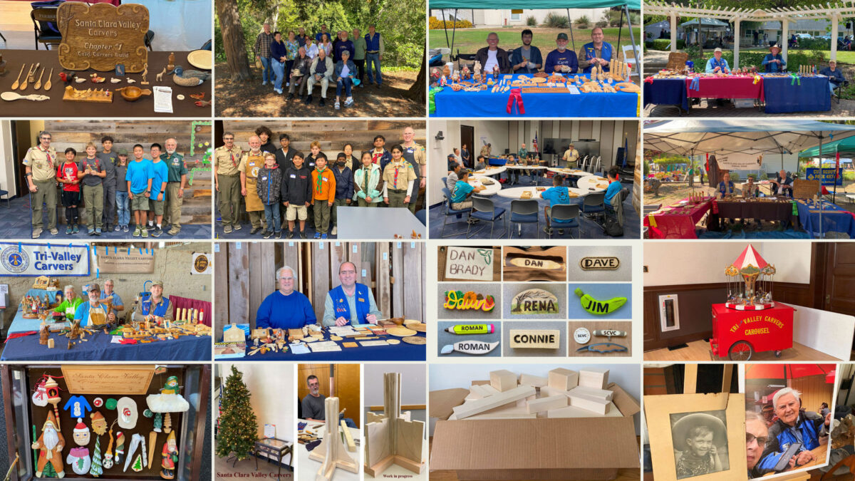 A collage of 16 pictures taken throughout 2025 captures the activities of our woodcarving club. The collage is assembled for the December woodcarving newsletter.