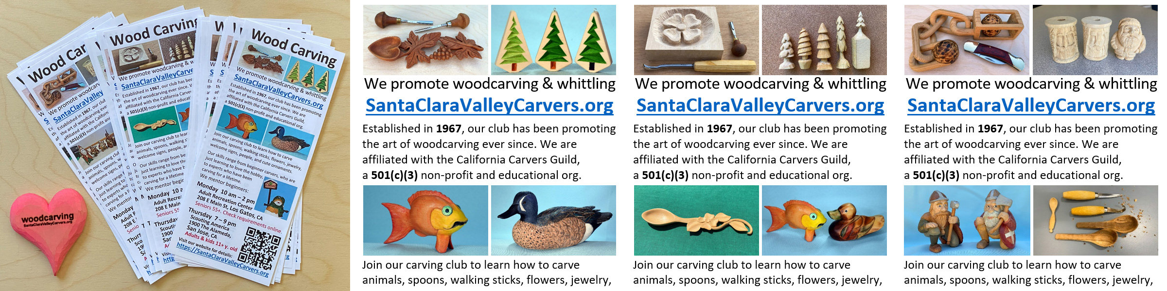 A promotional image for the Santa Clara Valley Carvers woodcarving club, established in 1967, featuring a stack of informational flyers titled "Wood Carving" next to a pink wooden heart engraved with their website. The rest of the graphic displays various examples of woodcarving projects, including spoons, intricate linked chains, Christmas trees, and animal figures like fish and ducks, accompanied by text inviting members to learn woodcarving techniques.