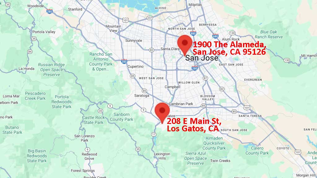 A map of the San Jose area with two pins for the locations of SCVC woodcarving meetings.