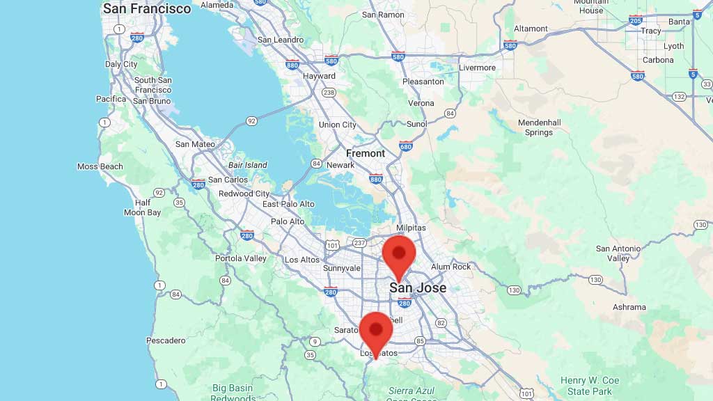 A map of the San Jose area with two pins for the locations of SCVC woodcarving meetings.