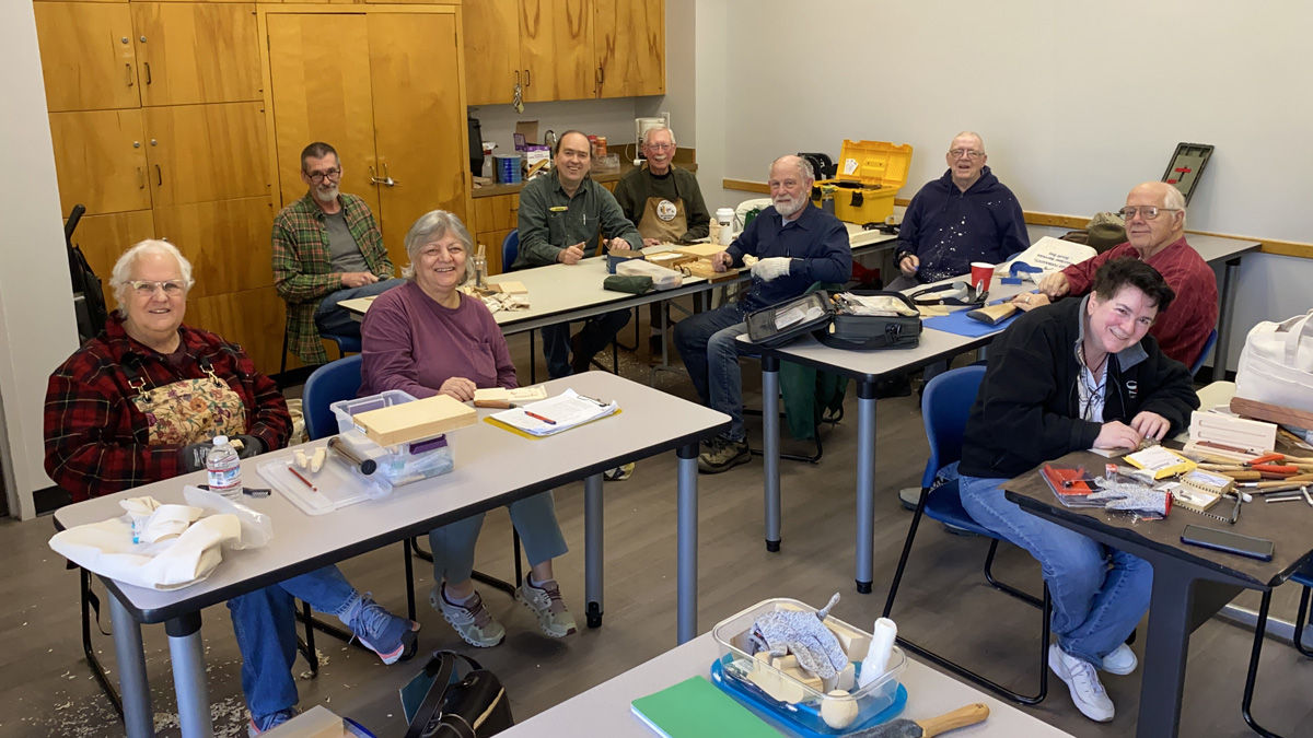 SCVC attendees of our Monday woodcarving meetup. The photo was taken for the December woodcarving newsletter.