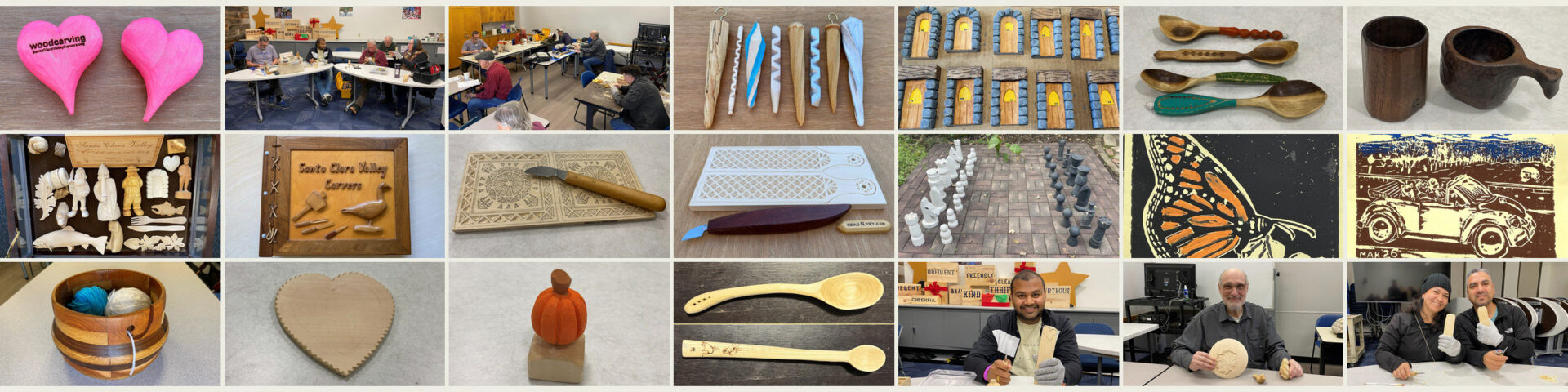 A collage of some notable pictures that are used throughout the woodcarving newsletter.