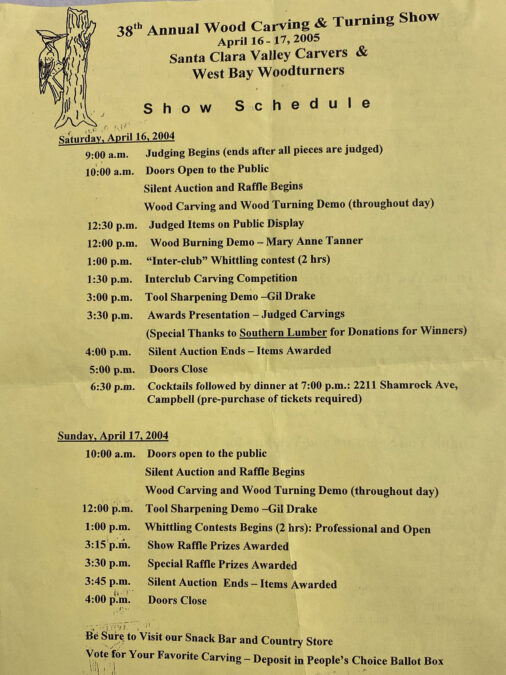 A printed document displaying the "Show Schedule" for the 38th Annual Wood Carving & Turning Show held by Santa Clara Valley Carvers and West Bay Woodturners in April, featuring a list of times for judging, demonstrations, contests, auctions, and raffles.