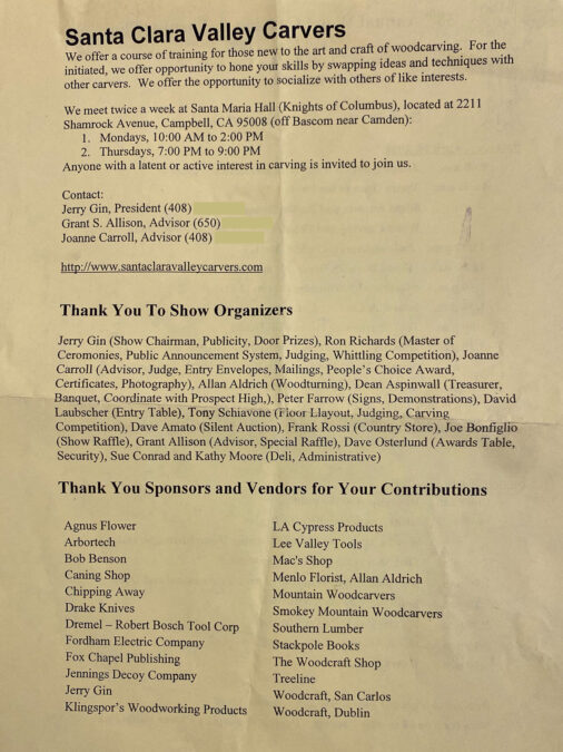 Santa Clara Valley Carvers newsletter page listing meeting times, event organizers, and sponsors.