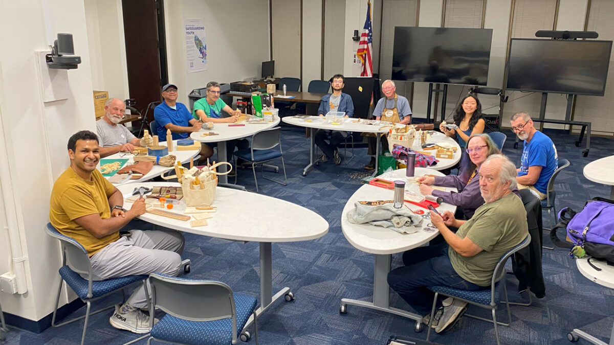 Ten woodcarvers are carving their projects at our Thursday meetings in Scouting America, San Jose, CA. The photo was taken for the SCVC woodcarving newsletter.