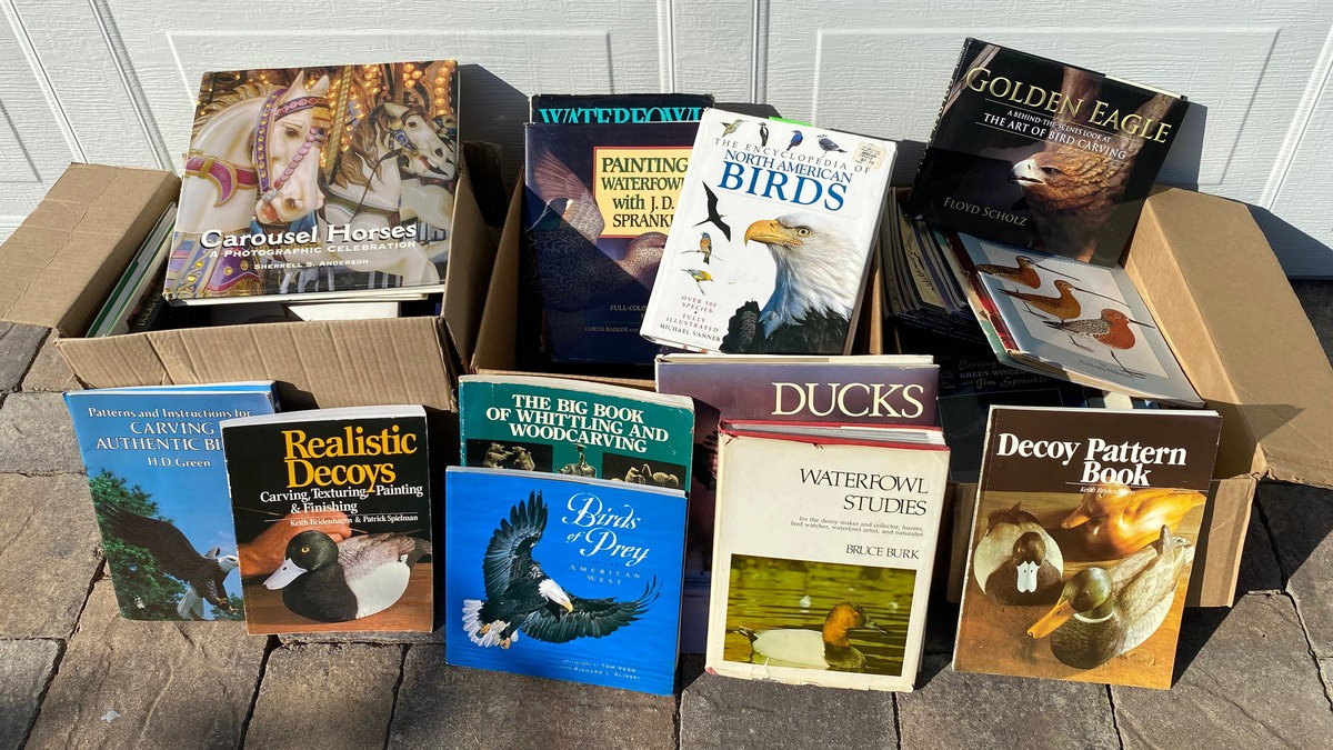 Six boxes of woodcarving and bird anatomy reference books, donated by Lincoln Hills Woodcarvers to the Santa Clara Valley Carvers library.