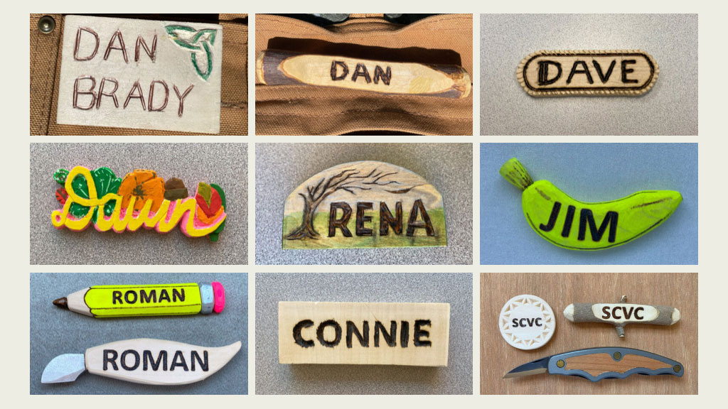 Eleven name badges carved by members of the Santa Clara Valley Carvers club.