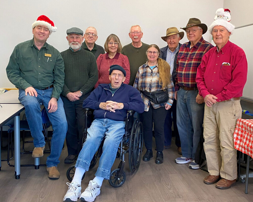 Group picture of members of Santa Clara Valley Carvers during our winter woodcarving party at the Adult Recreation Center in Los Gatos, CA on December 11, 2023