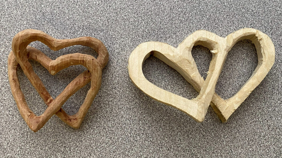 Two heart-themed woodcarving projects carved by Sorin from cherry and poplar. Both projects are a variation of linked hearts.
