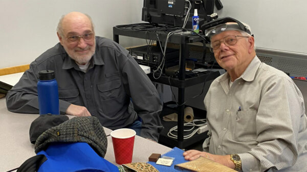 Sorin and Gary talk about woodcarving. The picture was taken for the SCVC woodcarving newsletter.