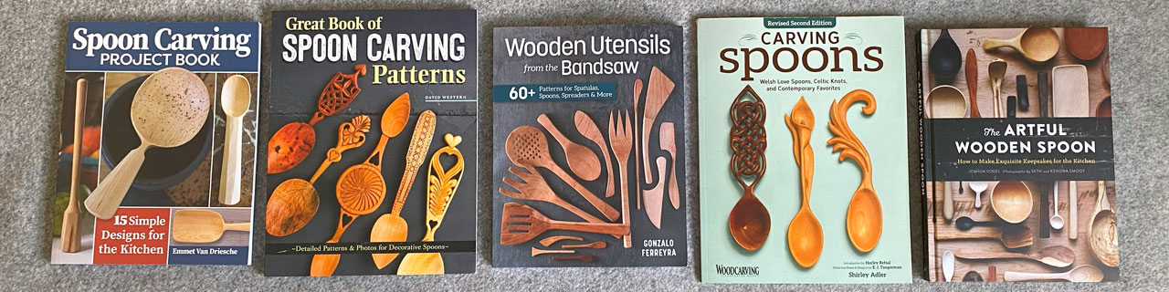 A picture features five spoon carving books