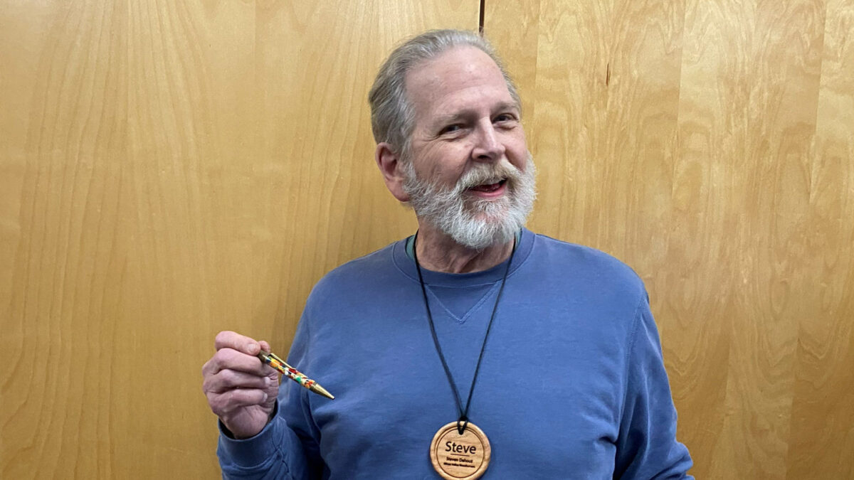 Steven Dahout is a woodturner. He is showing a turned pen in the image for our woodcarving newsletter. He made a generous donation of turning and woodworking books to Santa Clara Valley Carvers in February 2026. Thank you, Steve!