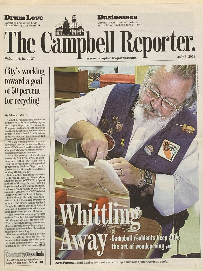 David Laubscher represents Santa Clara Valley Carvers on the fist page of the local newspaper, The Campbell Reporter. July 3, 2002
