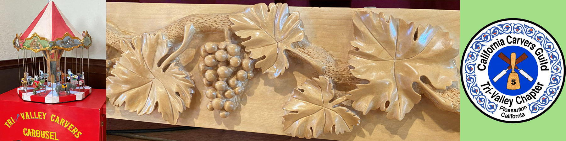A collage of three items: Tri-Valley Carvers Carousel, carved grape vines, and the logo of Tri-Valley Carvers.