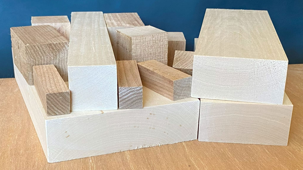 A dozen pieces of wood for carving: basswood and butternut of various sizes.