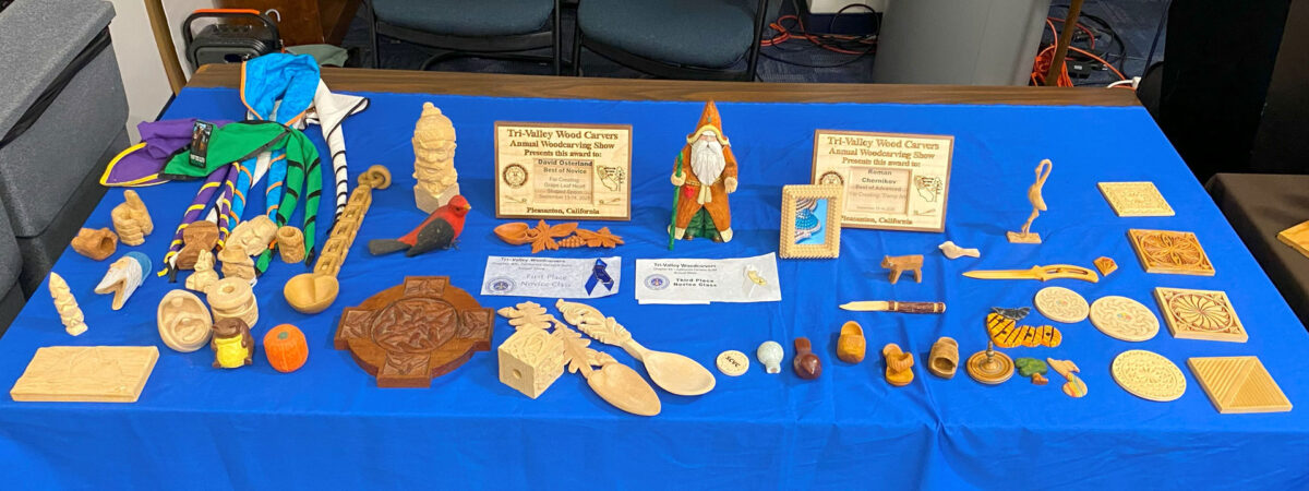 A table with dozens of woodcarving and whittling projects was displayed during woodcarving training for local scouts. Several projects show progression.