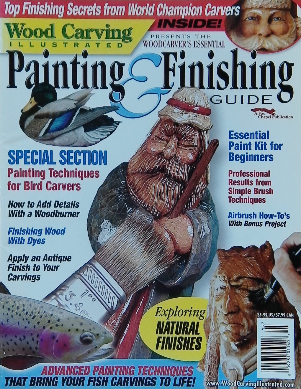 An image of a woodcarving book cover: Woodcarver's Essential Painting & Finishing Guide, Fall 2004 by Woodcarving Illustrated