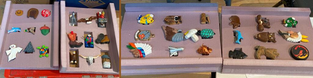Dozens of small neckerchief slides carved and painted by Rob Motal. Rob demonstrated his carvings at the 2025 TVC Woodcarving Show in Pleasanton, CA.