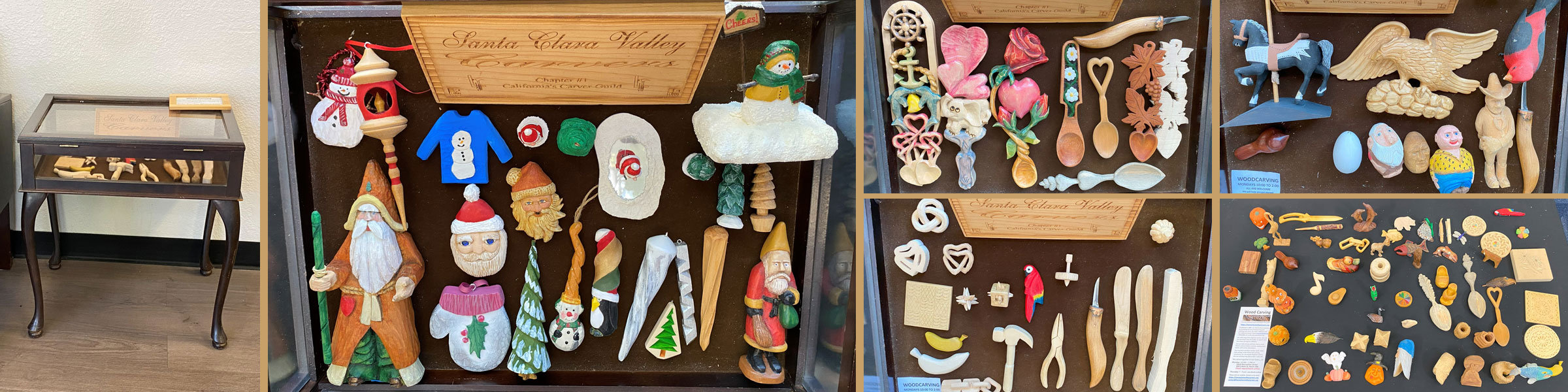 A collage of woodcarving display tables arranged by Santa Clara Valley Carvers in 2025.