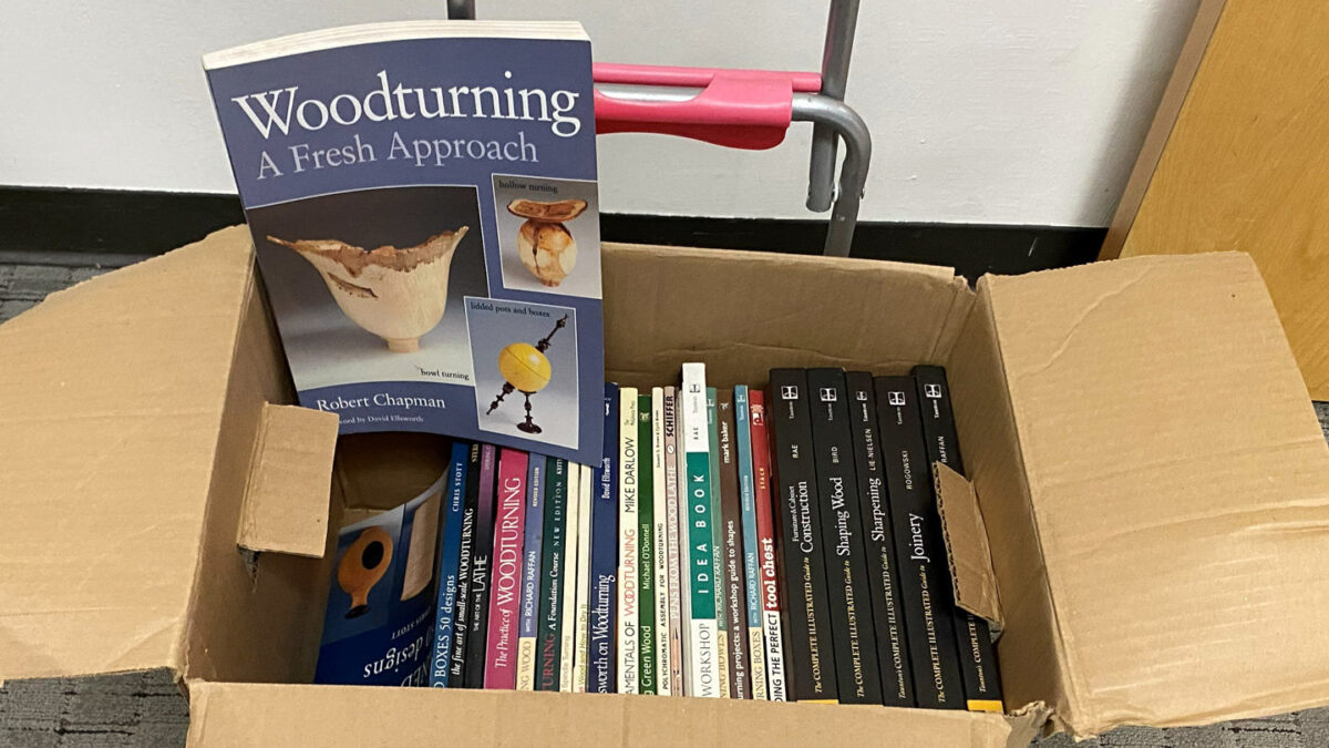 A box of 25 turning and woodworking books.